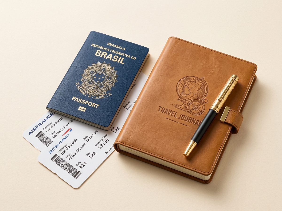 Passaporte brasileiro, cartões de embarque internacionais e planner de viagem em couro legítimo