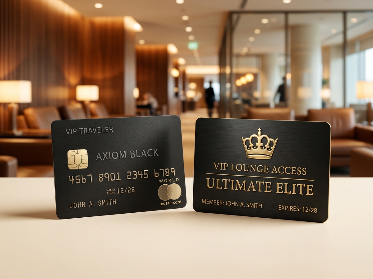 Cartão de crédito premium matte black e passe VIP Lounge com acesso a salas exclusivas