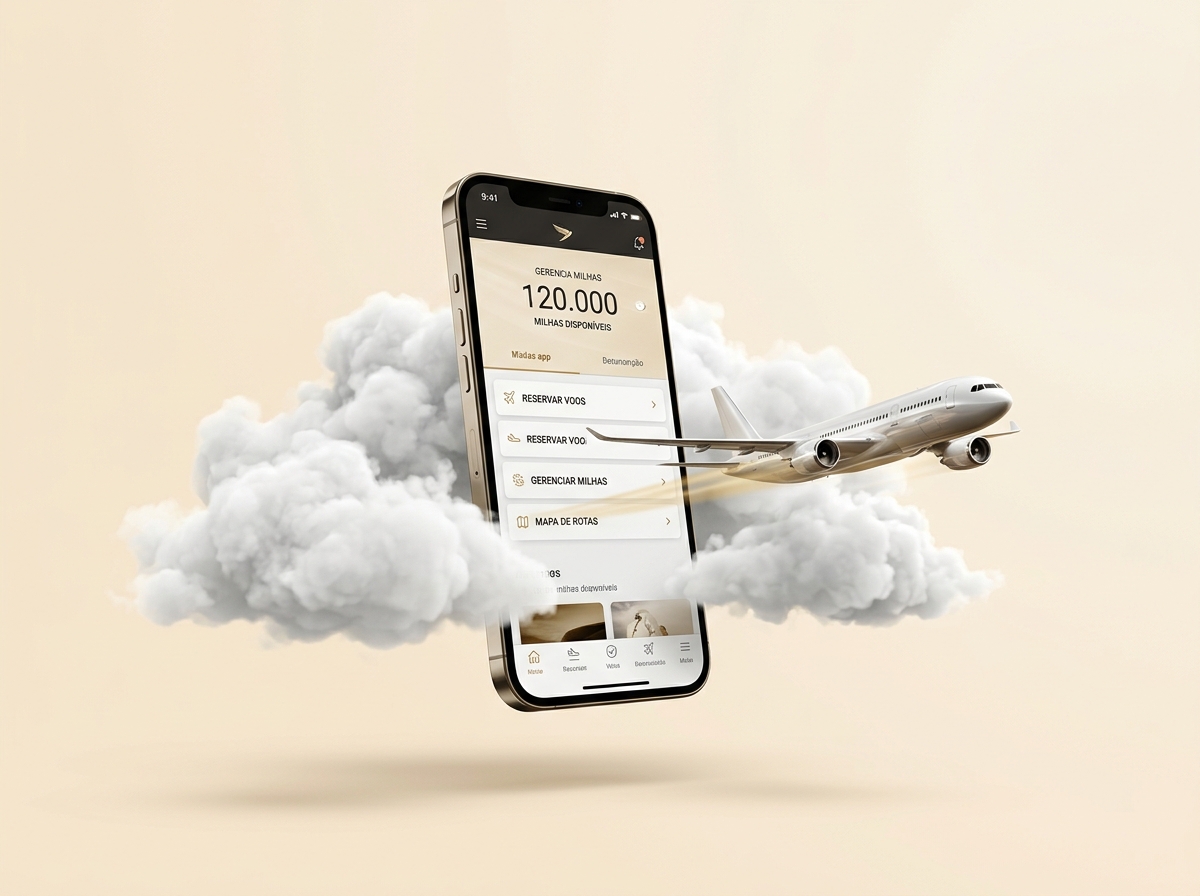 Smartphone com aplicativo de milhas acumuladas, avião comercial e rota aérea